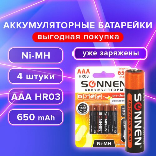 Батарейки аккумуляторные Ni-Mh мизинчиковые комплект 4 шт, AAA (HR03) 650 mAh, SONNEN, 455609 упаковка 2 шт.