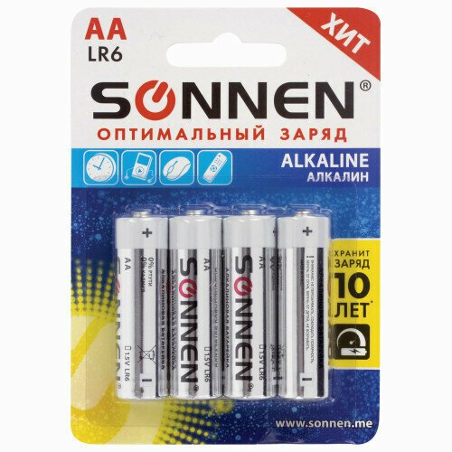 Батарейка SONNEN Alkaline, АА, LR6, 15А, комплект 4 шт, алкалиновые, блистер, 2 упаковки