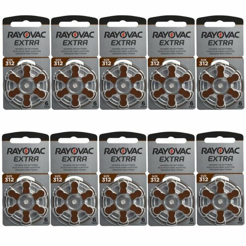 Батарейки для слуховых аппаратов Rayovac Extra 312 / PR41 / V 312 Zinc Air 1.45V, 60 шт
