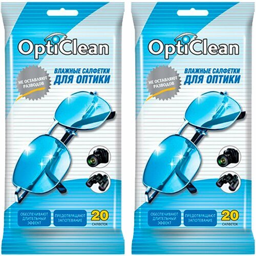 Влажные салфетки для оптики OptiClean, 20 шт, набор из 2-х упаковок