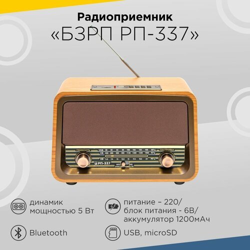 Ретро радиоприемник от сети и аккумулятора БЗРП РП-337 / fm радио / блютуз колонка