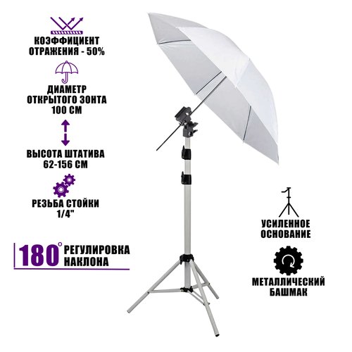 Комплект для съемки WST-UWD-100: зонт просветный диаметром 100 см на белой стойке с держателем для вспышки