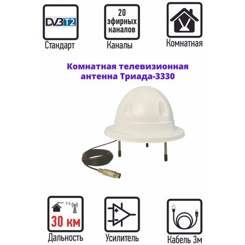 Телевизионная антенна Триада-3330 для цифрового ТВ, DVB-T2, активная, цвет белый