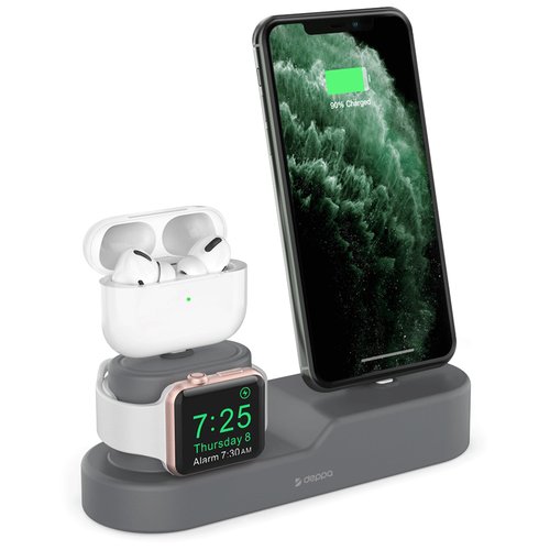 Подставка для зарядки 3-в-1 ( iPhone, AirPods 1/2/Pro, Apple Watch 1/2/3/4/5), силикон, серый, Deppa 47105