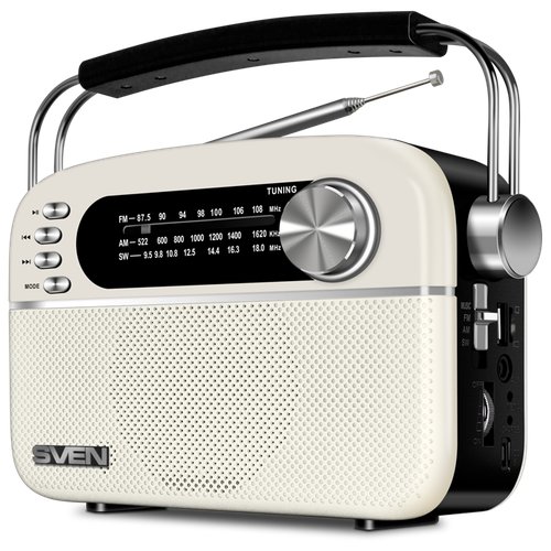 Радиоприемник SVEN SRP-505, белый (3 Вт, Bluetooth, FM/AM/SW, USB, microSD, AUX, встроенный аккумулятор)