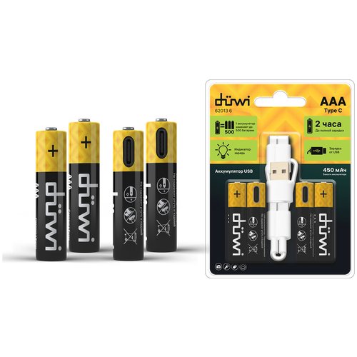 Аккумулятор USB-С Duwi, Li-ion, ААА, 1,5В, 450мАч, 4шт, кабель для зарядки 62013 6