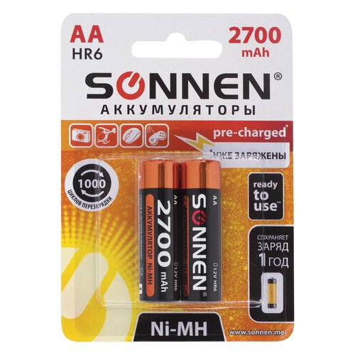 Аккумулятор Ni-Mh 2700 мА·ч 1.2 В SONNEN AA HR06, в упаковке: 2 шт.