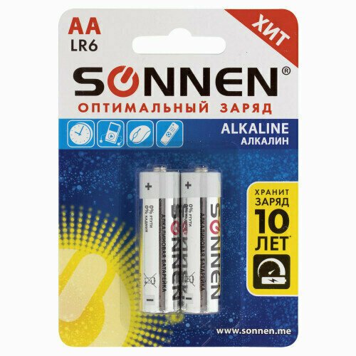 Батарейка SONNEN Alkaline, АА, LR6, 15А, комплект 2 шт, алкалиновые, блистер, 3 упаковки